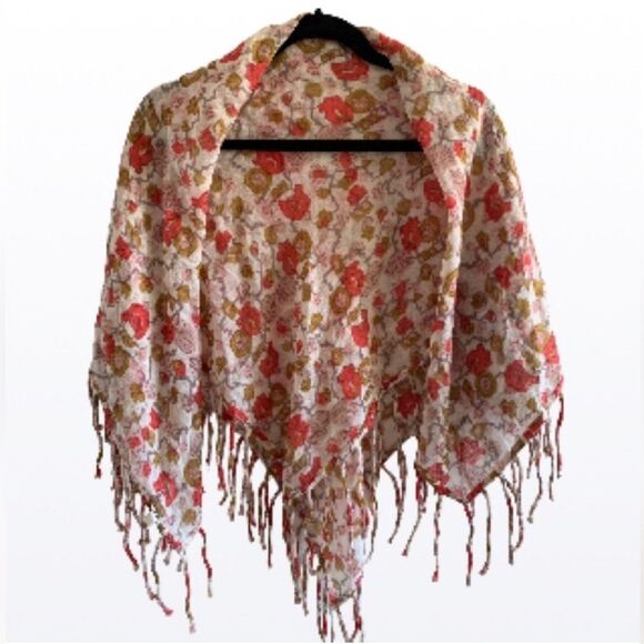 1937 Accessories Wool Floral Fringe Scarf Shawl in Red/Greenish Yellow/Beige - Picture 2 of 6